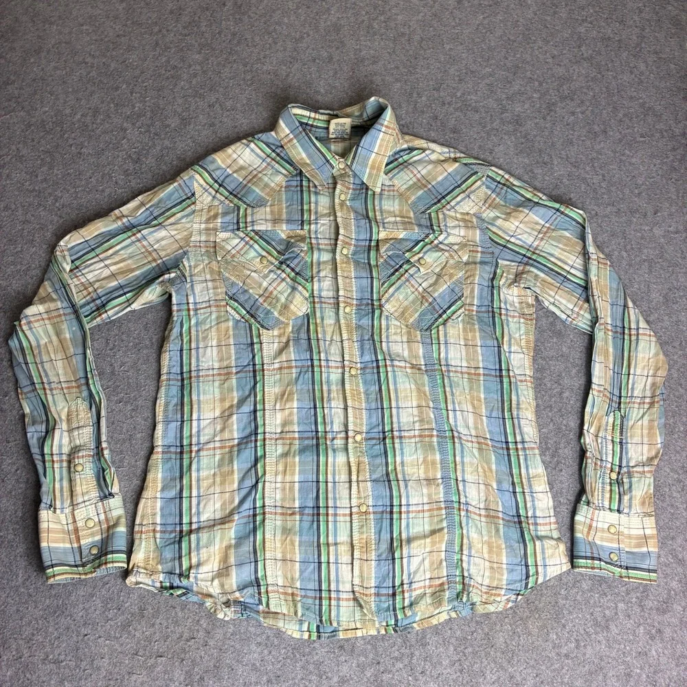 True Religion Men's Size XXL Western Plaid Snap Shirt Blue Green 100% Cotton